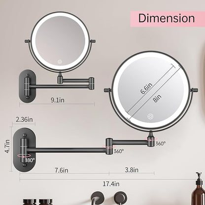 FUNTOUCH Rechargeable Wall Mounted Lighted Makeup Vanity Mirror 8 Inch Double Sided 1X 30X Magnifying Bathroom Mirror, 3 Color Lighting, Touch Dimming, Extended Arm 360 Rotation Light up Mirror Black