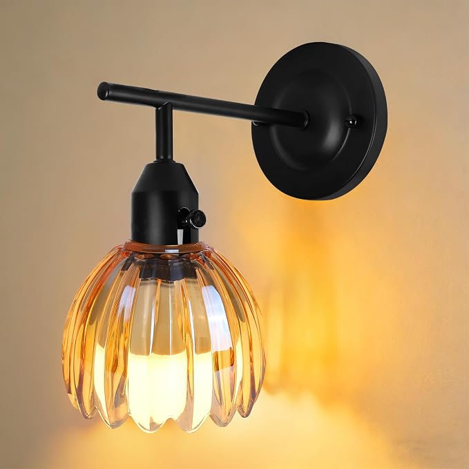 Vintage Wall Sconces with Cute Amber Tulip Glass Lampshade, Black Wall Sconces Hradwired Modern Wall Lighting Fixture with Switch for Bedside Bedroom Living Room Wall Decor