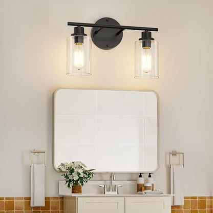 GORDNWE Modern Vanity Light - 2 Lights Matte Black Wall Light Fixtures | E26 Bulb Base, Clear Glass Shade, Over Mirror, Farmhouse Style