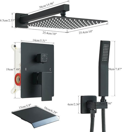 Matte Black Shower System with Tub Spout,All Metal Bathtub Shower Faucet Set With 10-Inch High Pressure Rainfall Head and Handheld Sprayer,Wall Mount for Bathroom Remodel