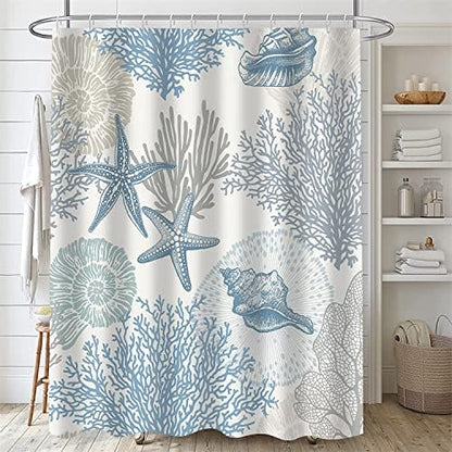 Nkzply 4 Pcs Beach Shower Curtain Set Blue Starfish Bathroom Sets with Shower Curtain and Rugs Ocean Seashell Coral Bathroom Decor Accessories Nautical Bathroom Rug Set Toilet Lid Cover 12 Hooks