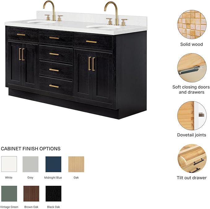ARIEL Hepburn 66-inch Bathroom Vanity with Sink,Solid Wood, 1.5-inch Carrara White Quartz Countertop & Backsplash, Double Oval Porcelain Sink, 4 Soft Closing Doors, 6 Dovetail Drawers, Black Oak