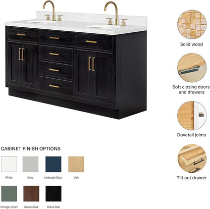 ARIEL Hepburn 66-inch Bathroom Vanity with Sink,Solid Wood, 1.5-inch Carrara White Quartz Countertop & Backsplash, Double Oval Porcelain Sink, 4 Soft Closing Doors, 6 Dovetail Drawers, Black Oak