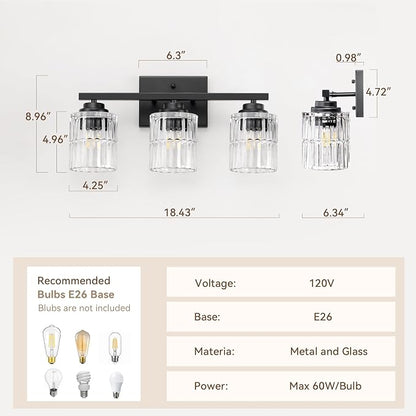 TALOYA Black 3-Light Bathroom Vanity Light with Fluted Cylinder Glass Shade | Modern Vanity Lighting Fixtures, Bathroom Lights Over Mirror, Wall Mount Mirror Light Fixtures for Bathroom Hallway Bedroom