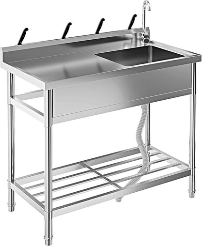 Free Standing Utility Sink, 39" Single Bowl Stainless Steel Commercial Sink with Cold and Hot Water Pipe & Workbench, for Kitchen, Laundry | Free Standing Utility Sink with Cold and Hot Water Pipe & Workbench, for Kitchen, Laundry