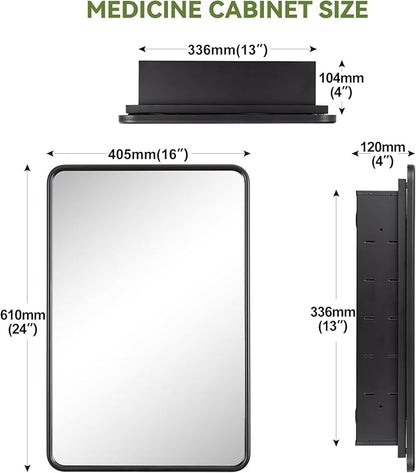 16 x 24 Black Bathroom Medicine Cabinet with Mirror Metal Frame Recessed Or Wall Mounted Single Door Storage Medicine Cabinets with Adjustable Shelves Rounded Corner Beveled Mirrors
