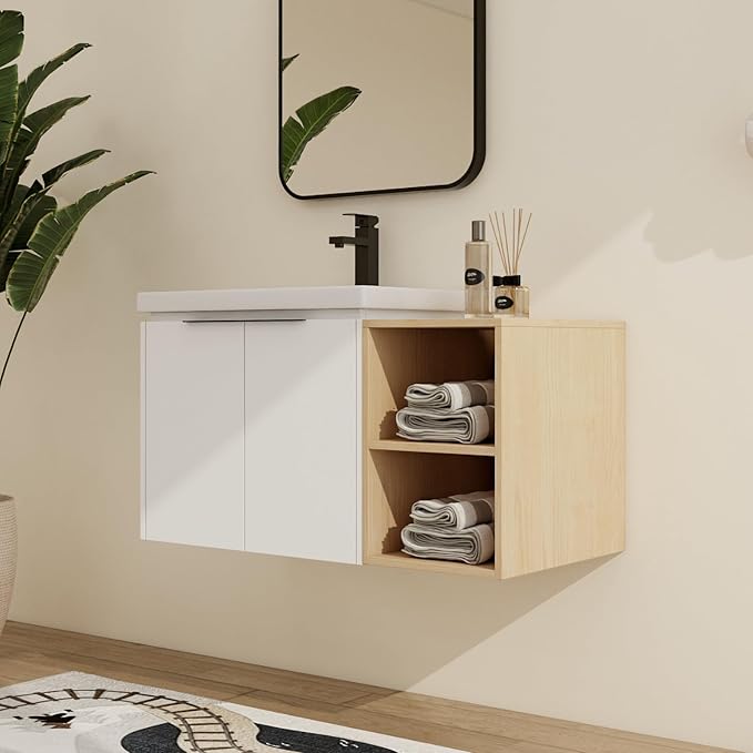 Malwee 36" Floating Bathroom Vanity with White Ceramic Basin Sink Top, 36 Inch Single Sink Wall Mounted Bathroom Vanity, with 2 Doors and Storage Shelve.MA07436