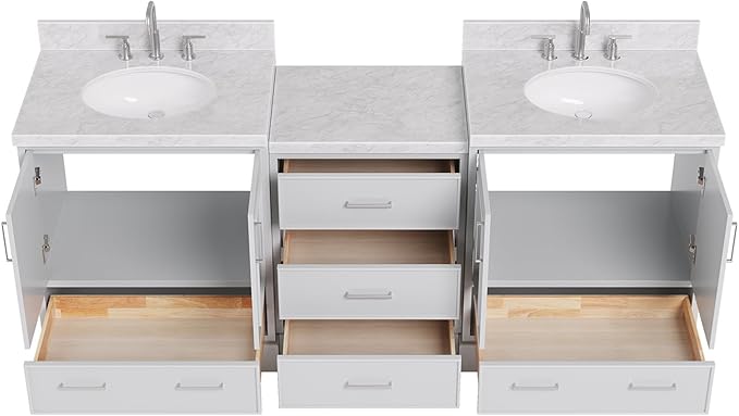 ARIEL Stafford 84-inch Bathroom Vanity with Sink,Solid Wood, 1.5in Italian Carrara Marble Countertop & Backsplash, Double Oval Porcelain Sink, 4 Soft Closing Doors, 5 Dovetail Drawers, Grey