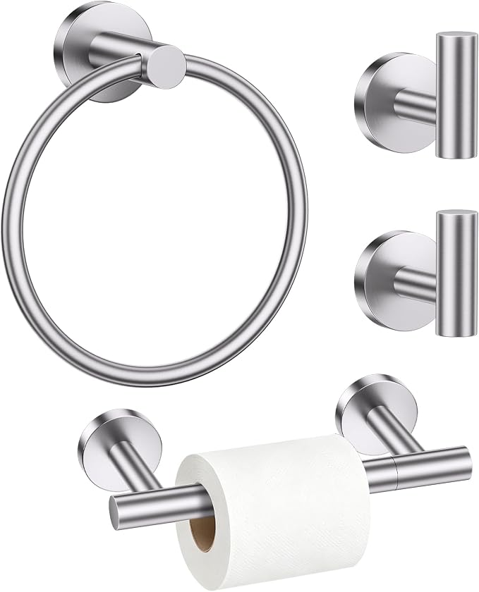 TURS Brushed Nickel 4-Pieces Towel Ring Set Include Towel Ring Double Base Toilet Paper Holder Towel Hook SUS304 Stainless Steel Bathroom Accessories Kit Wall Mounted
