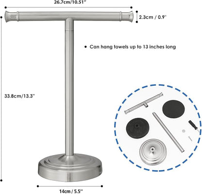 RUMOSE Brushed Nickel Hand Towel Holder Stand Countertop Towel Rack | 13 Inch Bathroom Kitchen Vanity T-Shape Towel Stand Free Standing Stainless Steel Towel Bar Towel Ring