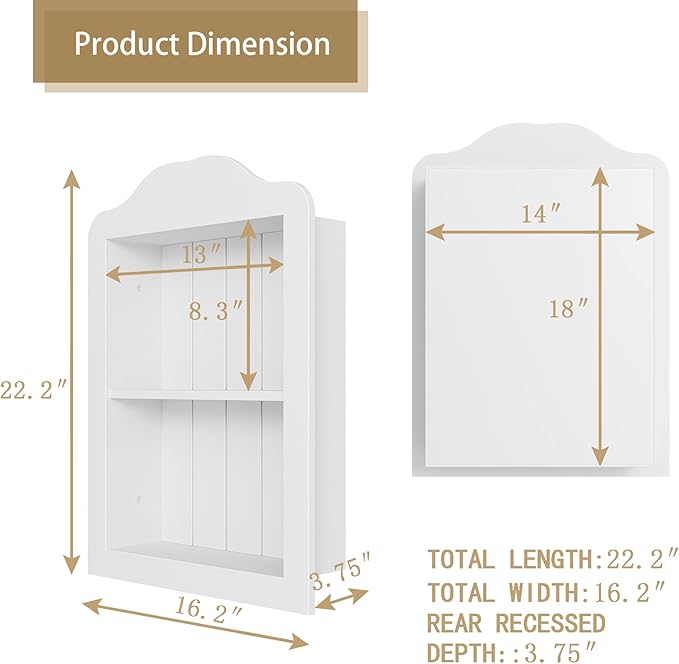 CJL 14'' x 18'' Recessed Medicine Cabinet, Solid Wood in-Wall Bathroom Cabinet, Arched Wall Niche Shelf, 2-Tier, White