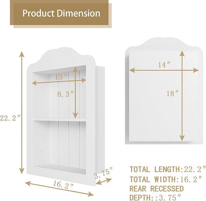 CJL 14'' x 18'' Recessed Medicine Cabinet, Solid Wood in-Wall Bathroom Cabinet, Arched Wall Niche Shelf, 2-Tier, White