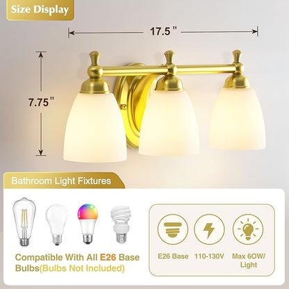EJIAXIN 3 Light Bathroom Vanity Light,Gold Bathroom Lighting Fixtures Over Mirror Modern Bathroom Light Fixtures for Living Room Bathroom Bedroom Cabinet About Mirror