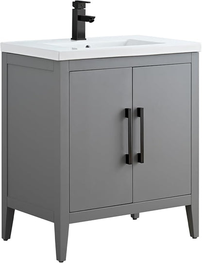 HomeBeyond 30 Inch Bathroom Vanity with Sink & Ceramic Top, Single Vanity Cabinet with Basin, Soft-Closing Doors & Matte Black Hardware, Grey