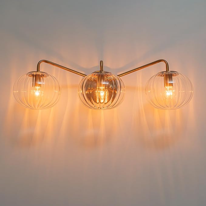 Lingkai Bathroom Light Fixtures,3 Lights Brushed Brass Vanity Light,Modern Wall Sconce with Clear Striped Glass Shade,Bathroom Vanity Lights Over Mirror for Hallway Picture Wall Lighting Living