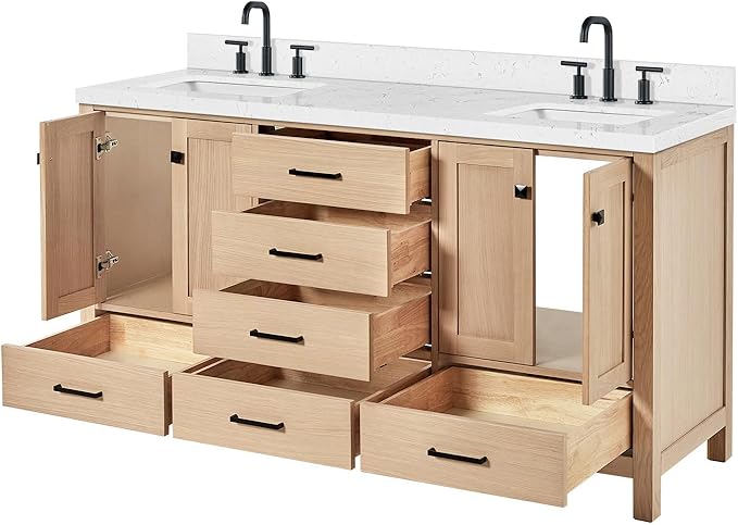 DKB Beckford 66-Inch Oak Double Bathroom Vanity with Sink, 1.5-Inch Carrara White Quartz Countertop & 4" Backsplash, Soft Closing Doors & Drawers, Matte Black Hardware