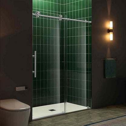 Woodbridge 56-60" W x 80" H Frameless Single Sliding Shower Door with Tempered Glass & Explosion Proof Film in Chrome Finish