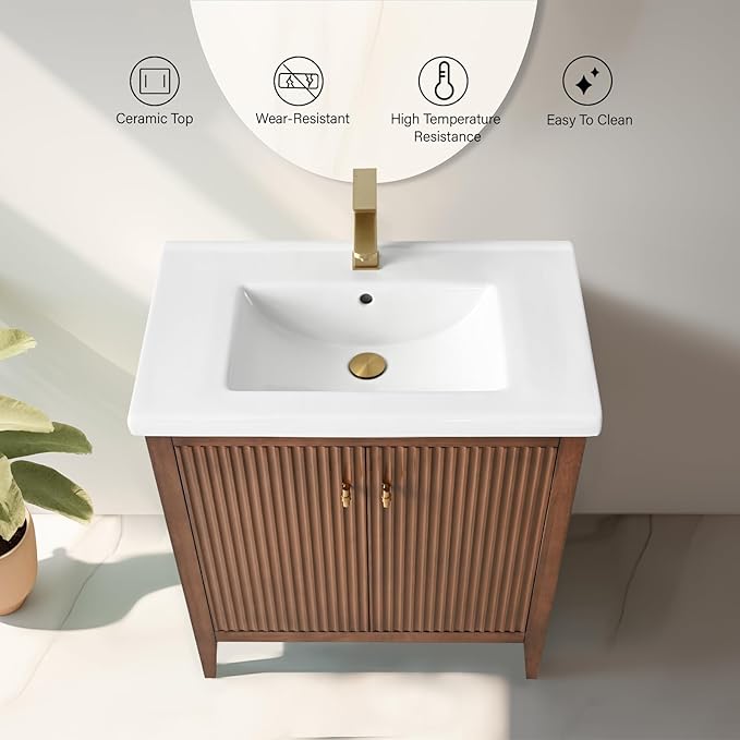 Vanity Art 30 inch Bathroom Vanity with Single Sink & Ceramic Top, Vanity Cabinet with Soft-Closing Door, Solid Wood Frame, Linear Pattern, Walnut, Golden Brushed Handware VA9130-Walnut-GB