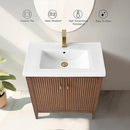 Vanity Art 30 inch Bathroom Vanity with Single Sink & Ceramic Top, Vanity Cabinet with Soft-Closing Door, Solid Wood Frame, Linear Pattern, Walnut, Golden Brushed Handware VA9130-Walnut-GB