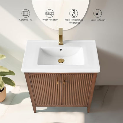Vanity Art 30 inch Walnut Bathroom Vanity with Single Sink & Ceramic Top, Vanity Cabinet with Soft-Closing Door, Solid Wood Frame, Linear Pattern, Walnut, VA9130-Walnut-MB,Matte Black Handles