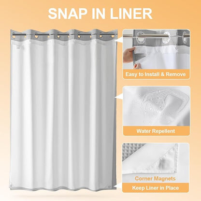 River Dream Cotton Blend No Hook Shower Curtain with Liner, Grey, 71x86 | Extra Long, with Snap in Liner, Heavyweight Waffle Fabric, Hotel Grade for Bathroom, Water Repellent, Corner Magnets