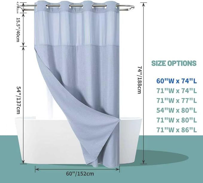 No Hook Waffle Shower Curtain with Snap-in Liner, 60x74 Inch, Frost Blue | 230GSM waffle weave fabric, waterproof liner set with 2 bottom magnets, mesh window, washable, for shower stalls or bathrooms