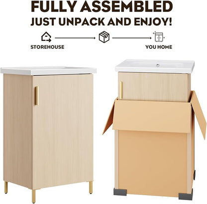 20 Inch Oak Pre-Assembled Small Bathroom Vanity Freestanding Cabinet with Ceramic Sink, Soft-Close Door, Space-Saving Design, No Faucet,BV05-20-OAK-JH