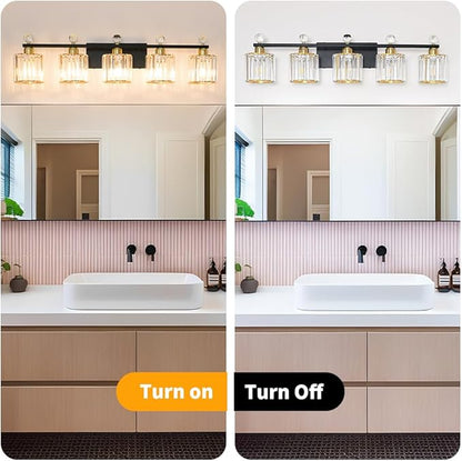 5 Light Black and Gold Vanity Light, Modern Crystal Bathroom Vanity Lighting Fixtures, Bath Wall Mount Lights with Clear Crystal Glass Shade, Wall Sconce Light for Mirror Bedroom Living Room, E26 Base