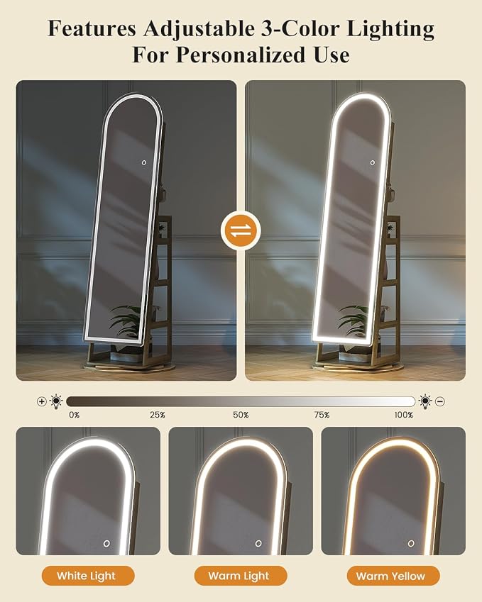 LVSOMT LED Arched Mirror Jewelry Cabinet Standing, Lockable Jewelry Armoire | 360° Swivel Full-Length Mirror with Storage, Large Jewelry Organizer Mirror, Foldable Makeup Shelf, Gift for Women, Wood