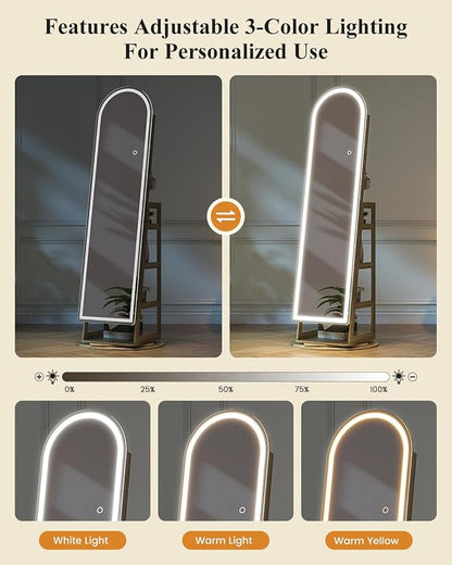 LVSOMT LED Arched Mirror Jewelry Cabinet Standing, Lockable Jewelry Armoire | 360° Swivel Full-Length Mirror with Storage, Large Jewelry Organizer Mirror, Foldable Makeup Shelf, Gift for Women, Wood