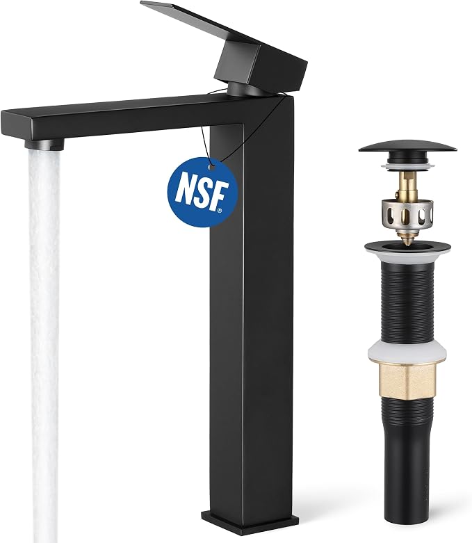 KES Vessel Sink Faucet and Drain Combo, Black Bathroom Faucets, Tall Faucets, All-Metal Pop Up Sink Drain NO Overflow, Matte Black, L3156BLFF12-BK-C2