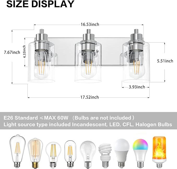 Chrome Bathroom Light Fixtures, Bathroom Vanity Light Fixtures, Chrome Vanity Lamp with Clear Glass (Chrome & Clear Glass)