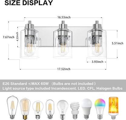 Chrome Bathroom Light Fixtures, Bathroom Vanity Light Fixtures, Chrome Vanity Lamp with Clear Glass (Chrome & Clear Glass)