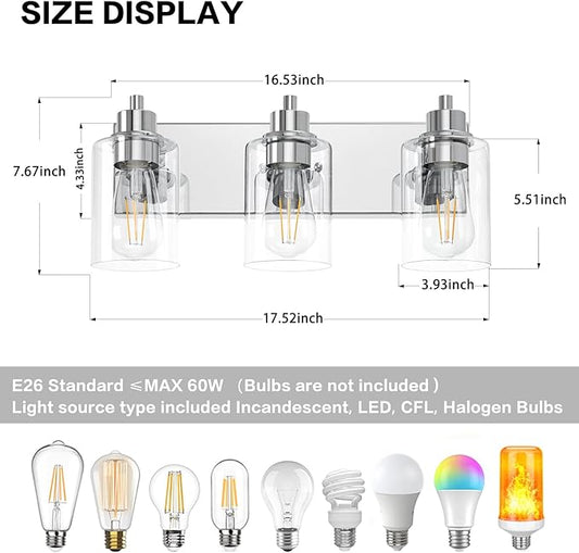 Chrome Bathroom Light Fixtures, Bathroom Vanity Light Fixtures, Chrome Vanity Lamp with Clear Glass (Chrome & Clear Glass)