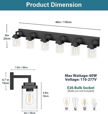 Matte Black Bathroom Light Fixtures, Modern Vanity Lights with Clear Glass Lamp Shade, Bathroom Lighting Fixtures Over Mirror, Restroom Vanity Lighting Fixture, 6-Light 46 Inch