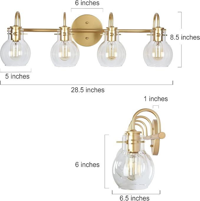 KSANA Bathroom Vanity Light, 4-Light 28.5" Large Gold Bathroom Light Fixtures, Modern Vanity Lights for Bathroom with Globe Clear Glass Shades