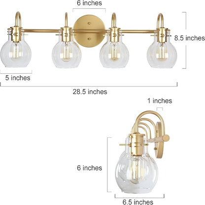 KSANA Bathroom Vanity Light, 4-Light 28.5" Large Gold Bathroom Light Fixtures, Modern Vanity Lights for Bathroom with Globe Clear Glass Shades