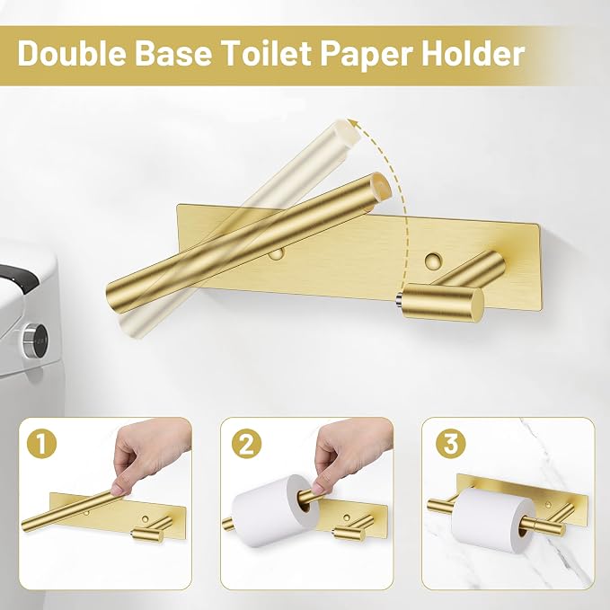 Lairuier Brushed Gold Bathroom Hardware Set, Adhesive or Screw Wall Mounted | Bathroom Accessories Set, Adhesive or Screw Wall Mount Toilet Paper Holder and Hand Towel Bar Holder, No Drill 2 Towel Hooks