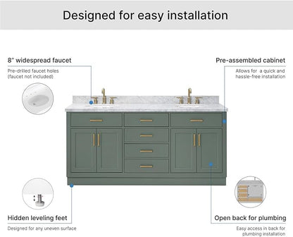 ARIEL Hepburn 72-inch Bathroom Vanity with Sink,Solid Wood, 1.5-inch Italian Carrara Marble Countertop, Double Oval Porcelain Sink, 4 Soft Closing Doors, 6 Dovetail Drawers, Vintage Green