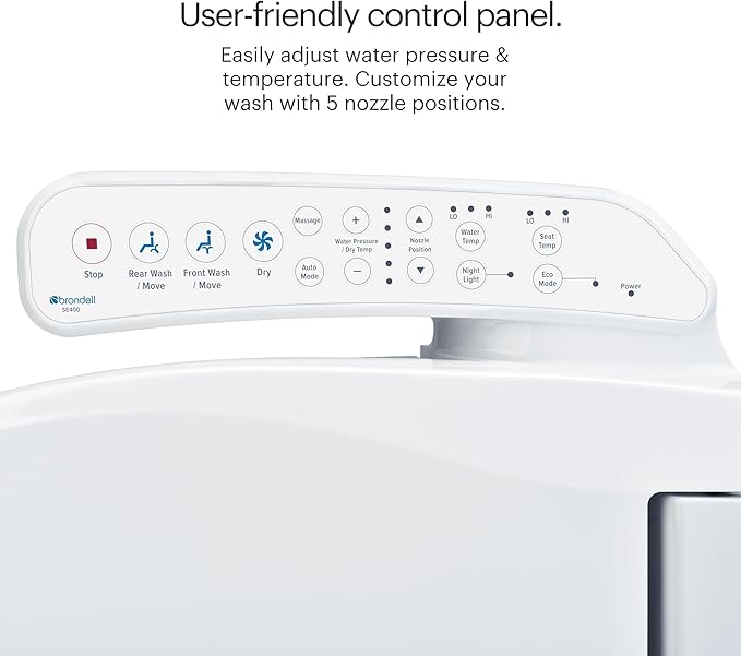 Brondell SE400-RW Swash SE400 Electric Bidet Toilet Seat With Heated Seat, Oscillating Stainless Steel Nozzle, Warm Air Dryer, Night Light, Gentle Close Lid, White Side Arm Control, Round