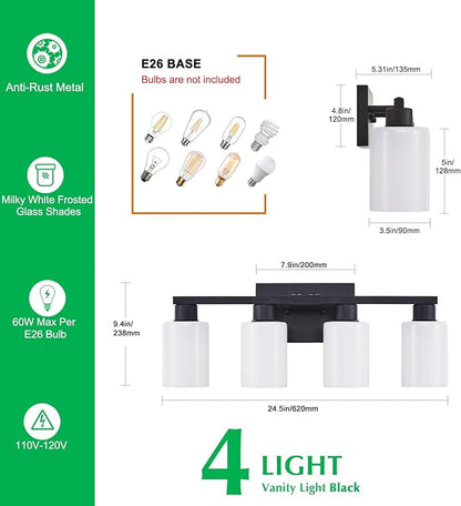 Black Bathroom Light Fixtures 4 Light Bathroom Vanity Light Matte Black Vanity Lights with Eye-Friendly Milky White Frosted Glass Shades E26 Socket (Bulbs Not Included)