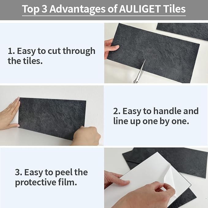 AULIGET 6" x 12" Black Slate Peel and Stick Backsplash Wall Tiles, PVC Faux Stone Stick on Tiles for Backsplash Kitchen, Bathroom, Laundry Room, Camper, Fireplace (Pack of 20)