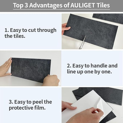 AULIGET 6" x 12" Black Slate Peel and Stick Backsplash Wall Tiles, PVC Faux Stone Stick on Tiles for Backsplash Kitchen, Bathroom, Laundry Room, Camper, Fireplace (Pack of 20)