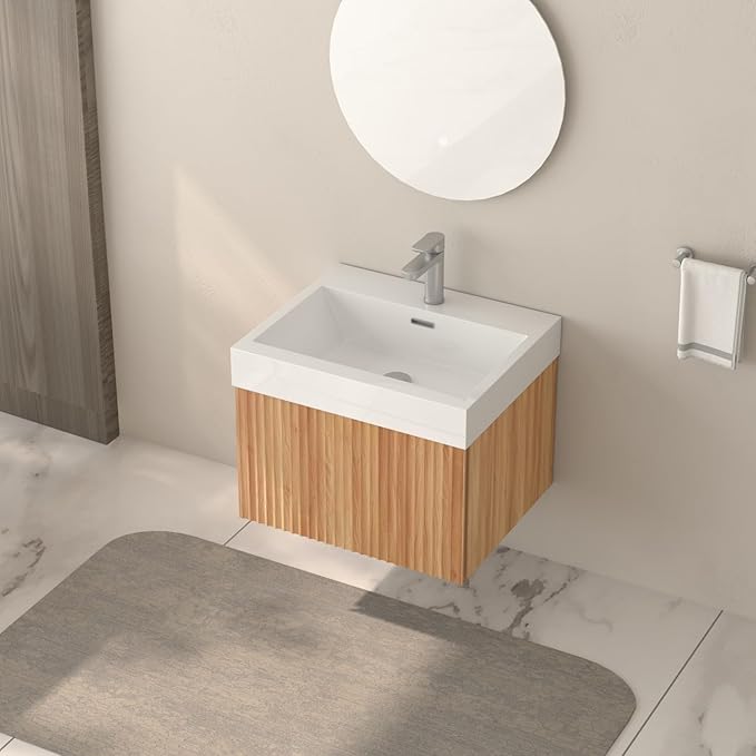 Floating Bathroom Vanity with Sink, Nature Soild Wood Cabinet with Ceramic Basin, Extra Large Storage Drawer & Pre-Assembled Vanities for Bathroom, Powder Room (Nature C Style, 24")