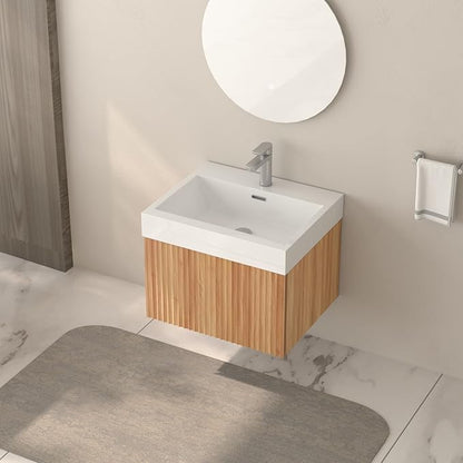 Floating Bathroom Vanity with Sink, Nature Soild Wood Cabinet with Ceramic Basin, Extra Large Storage Drawer & Pre-Assembled Vanities for Bathroom, Powder Room (Nature C Style, 24")