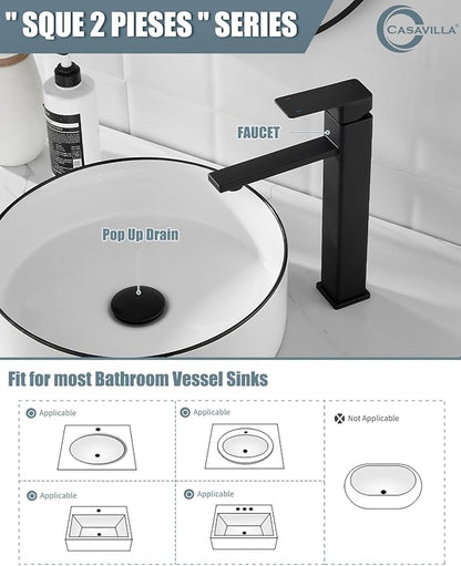 Bathroom Faucets, Matte Black Bathroom Faucet with Pop-up Drain and 2 Supply Hoses, Single Hole High Barrel Vanity Faucet for Vessel Sink, Single Handle Stainless Steel RV Faucet