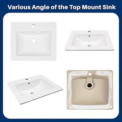 Enbol 21" x 18" Drop-In Bathroom Sink – White Ceramic Rectangular Semi Recessed Bathroom Vessel Sink Top Mount with Single Hole & Overflow (Model O2118）