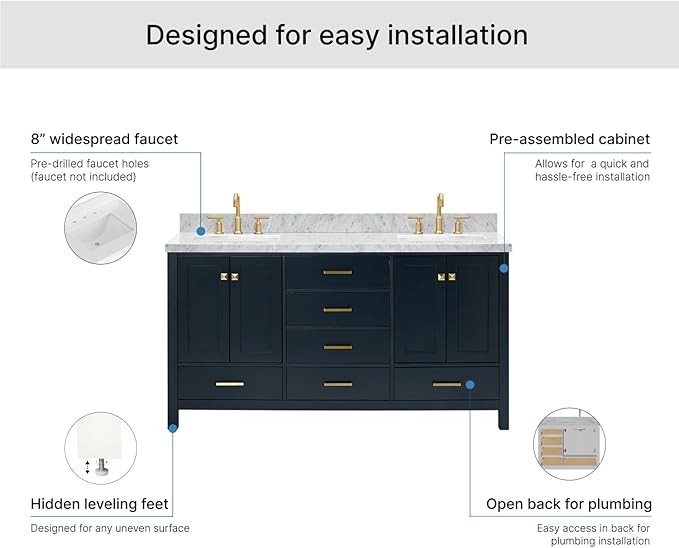 ARIEL Cambridge 66-inch Bathroom Vanity with Sink,Solid Wood, 1.5-inch Italian Carrara Marble Countertop, Double Rectangular Porcelain Sink, 4 Soft Closing Doors, 6 Dovetail Drawers, Midnight Blue