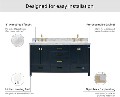 ARIEL Cambridge 66-inch Bathroom Vanity with Sink,Solid Wood, 1.5-inch Italian Carrara Marble Countertop, Double Rectangular Porcelain Sink, 4 Soft Closing Doors, 6 Dovetail Drawers, Midnight Blue