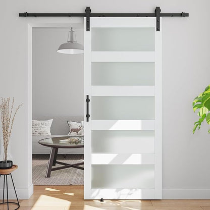 36in x 80in 5-Panel Sliding Glass Barn Door with 4ft Hardware Kit | Easy Assembly with Pre-Drilled Holes, Waterproof, Frosted Glass for Bathroom-Fit Max Opening 34in x 78in